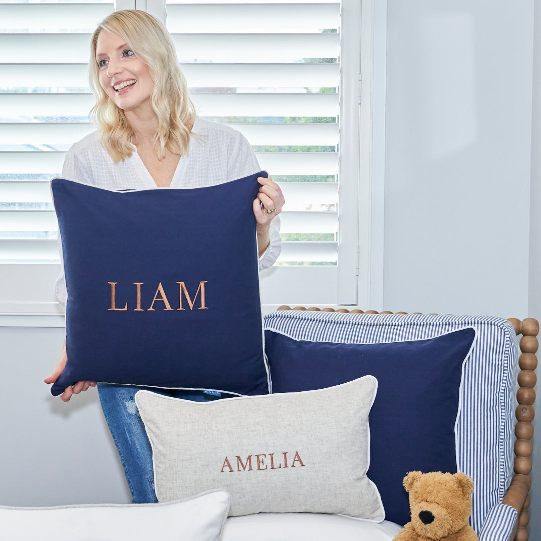 Dark Blue Personalised Name Kids Cushion Cover | Mirage Haven