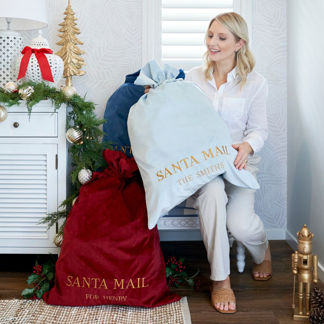 Luxury Personalised Velvet Santa Sack Sky Blue | Mirage Haven