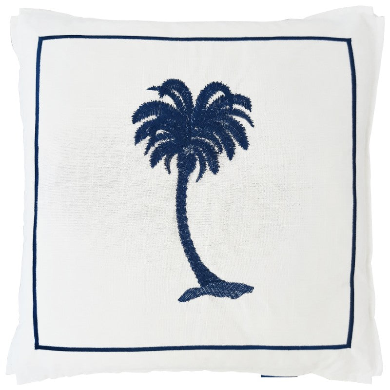 PALM COVE Palm Tree Ocean Blue and White Cushion | Mirage Haven 