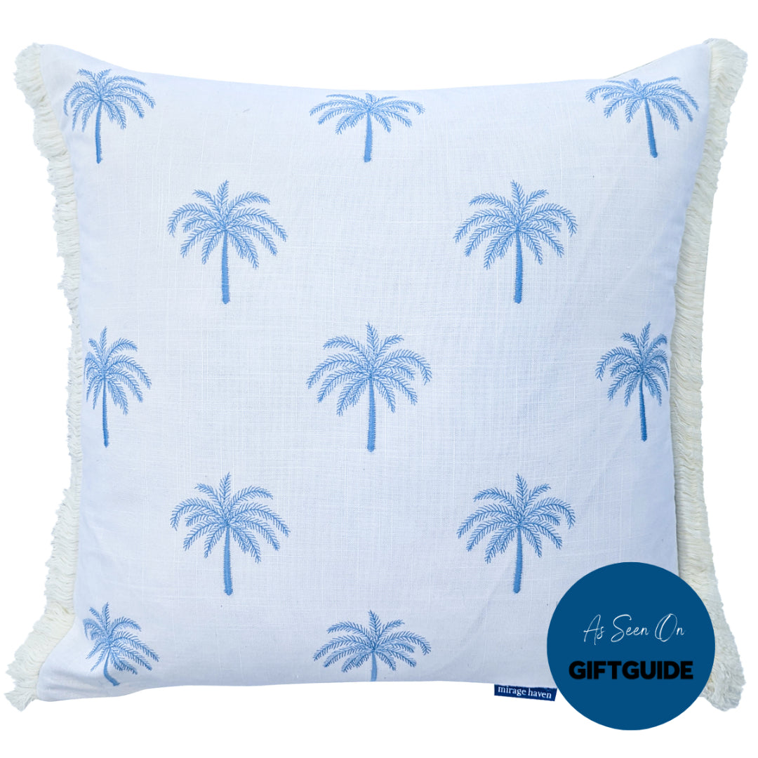 Light Blue and White Palm Tree Cushion Cover | Mirage Haven 