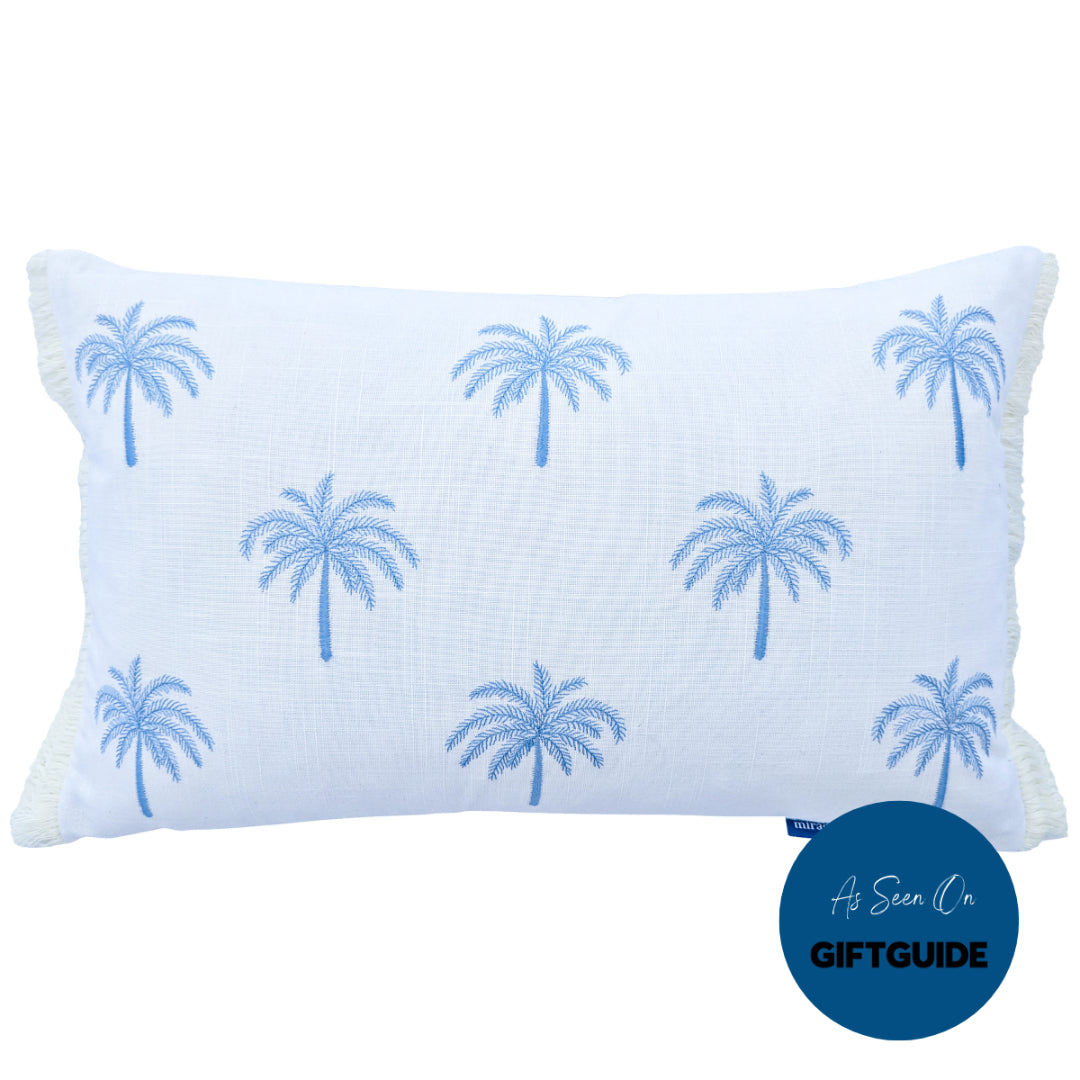 Light Blue and White Palm Tree Cushion Cover | Mirage Haven 