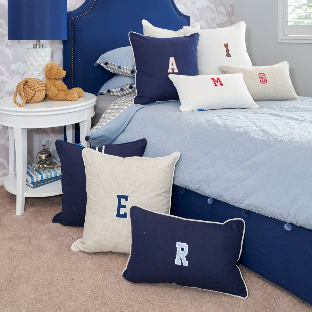 Dark Blue Varsity Initial Kids Cushion Cover | Mirage Haven 