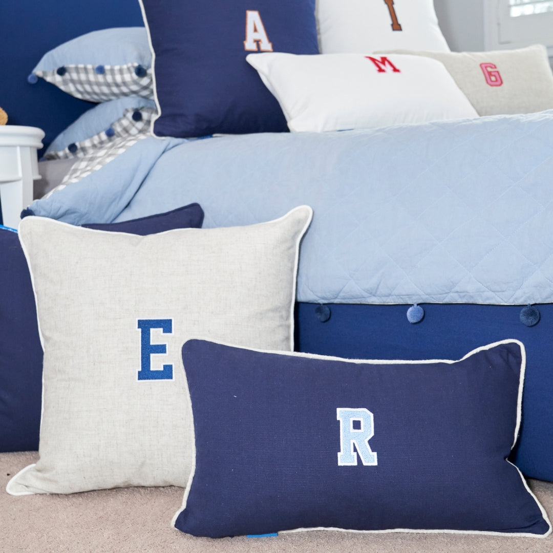 Dark Blue Varsity Initial Kids Cushion Cover | Mirage Haven 