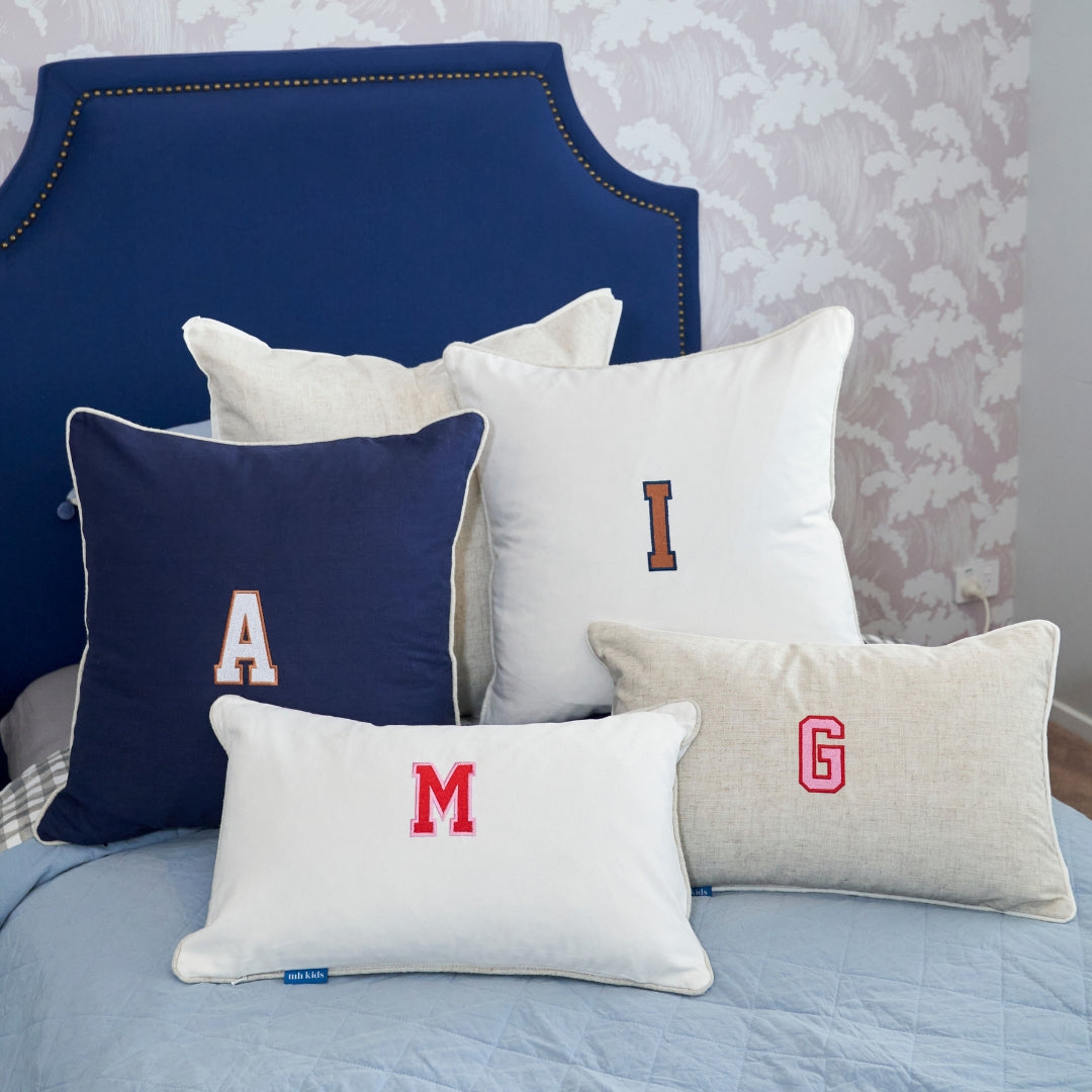 Dark Blue Varsity Initial Kids Cushion Cover | Mirage Haven 