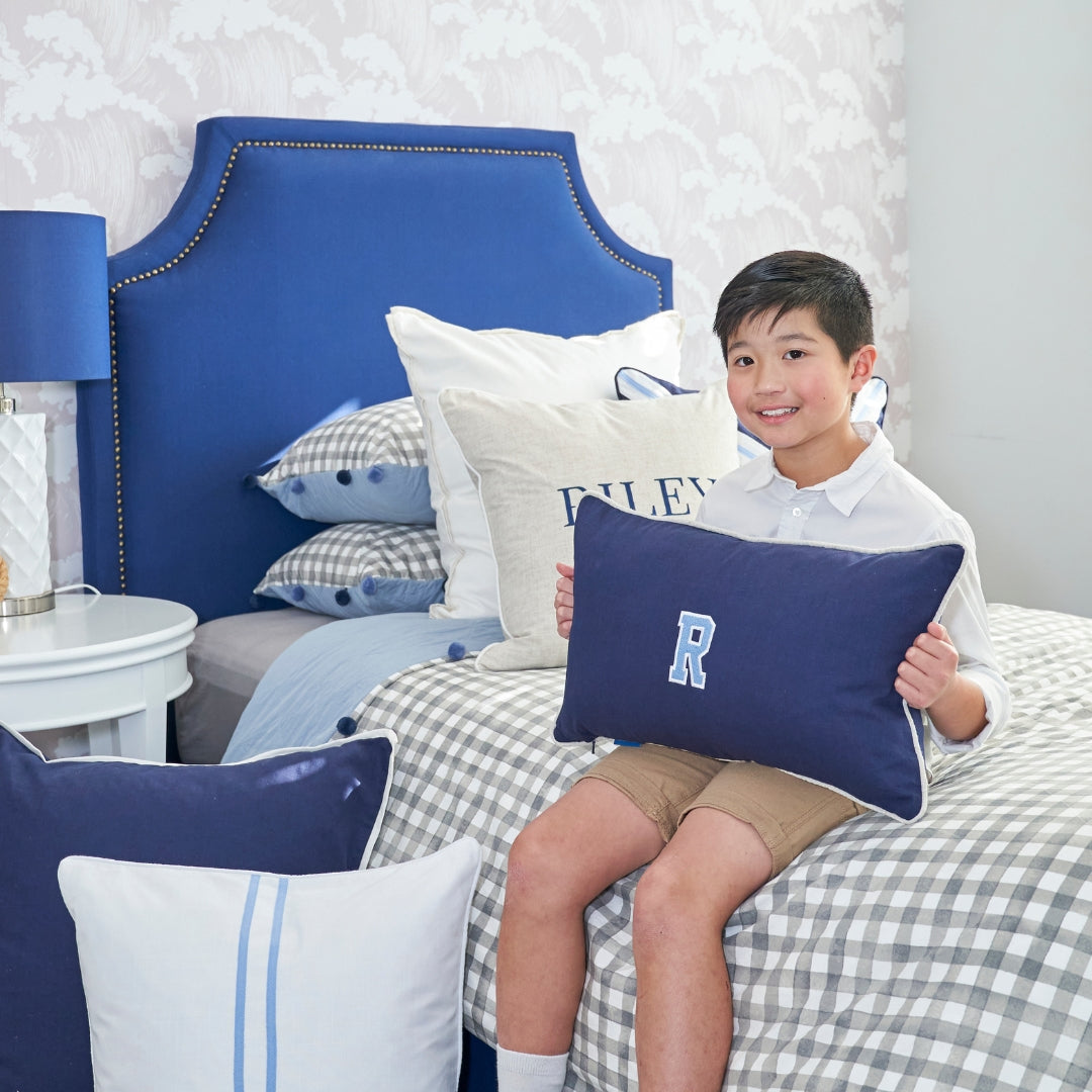Dark Blue Varsity Initial Kids Cushion Cover | Mirage Haven 