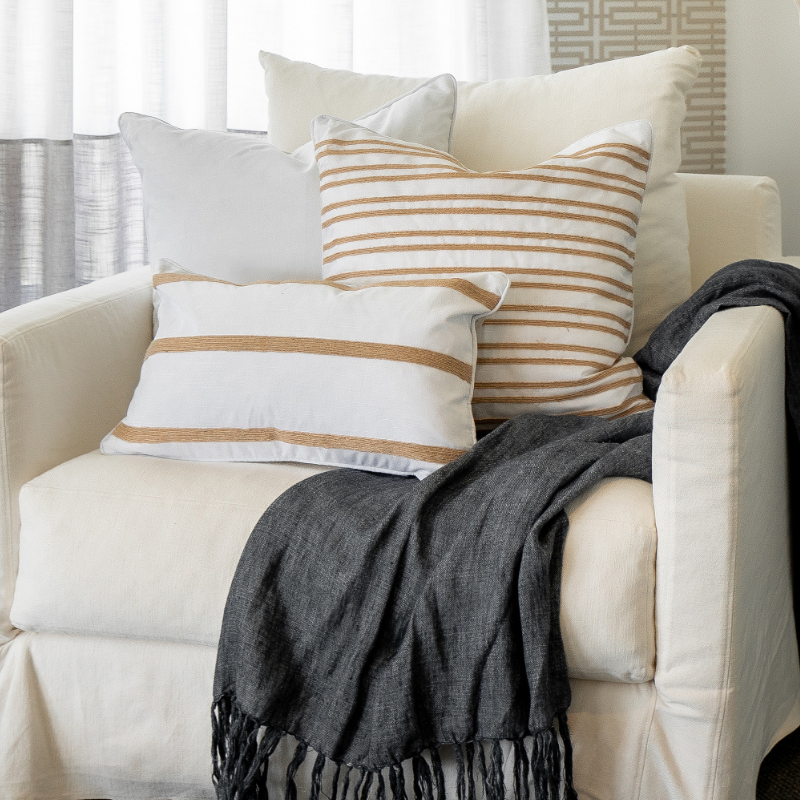 INDEE White and Hemp Triple Stripe Cushion Cover | Mirage Haven  