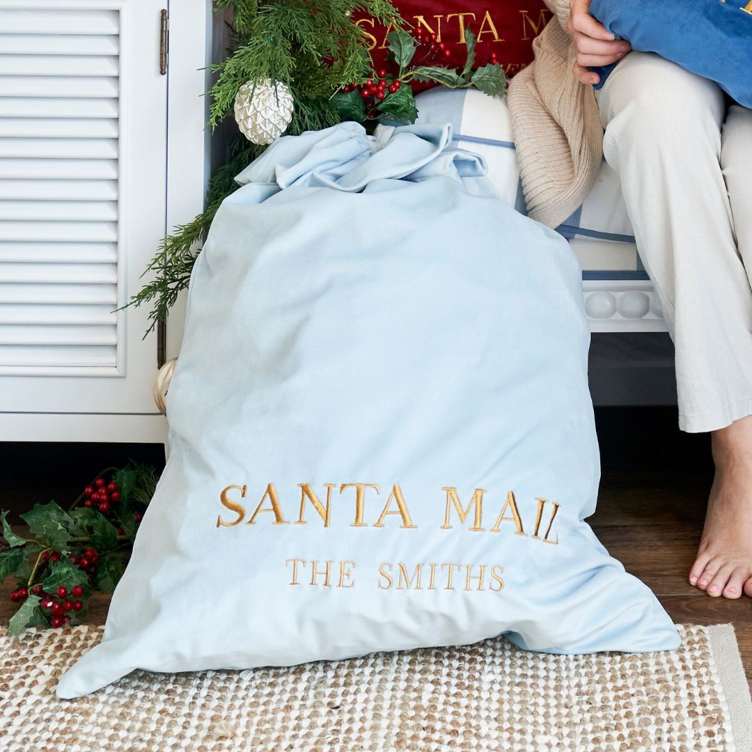 Luxury Personalised Velvet Santa Sack Sky Blue | Mirage Haven 