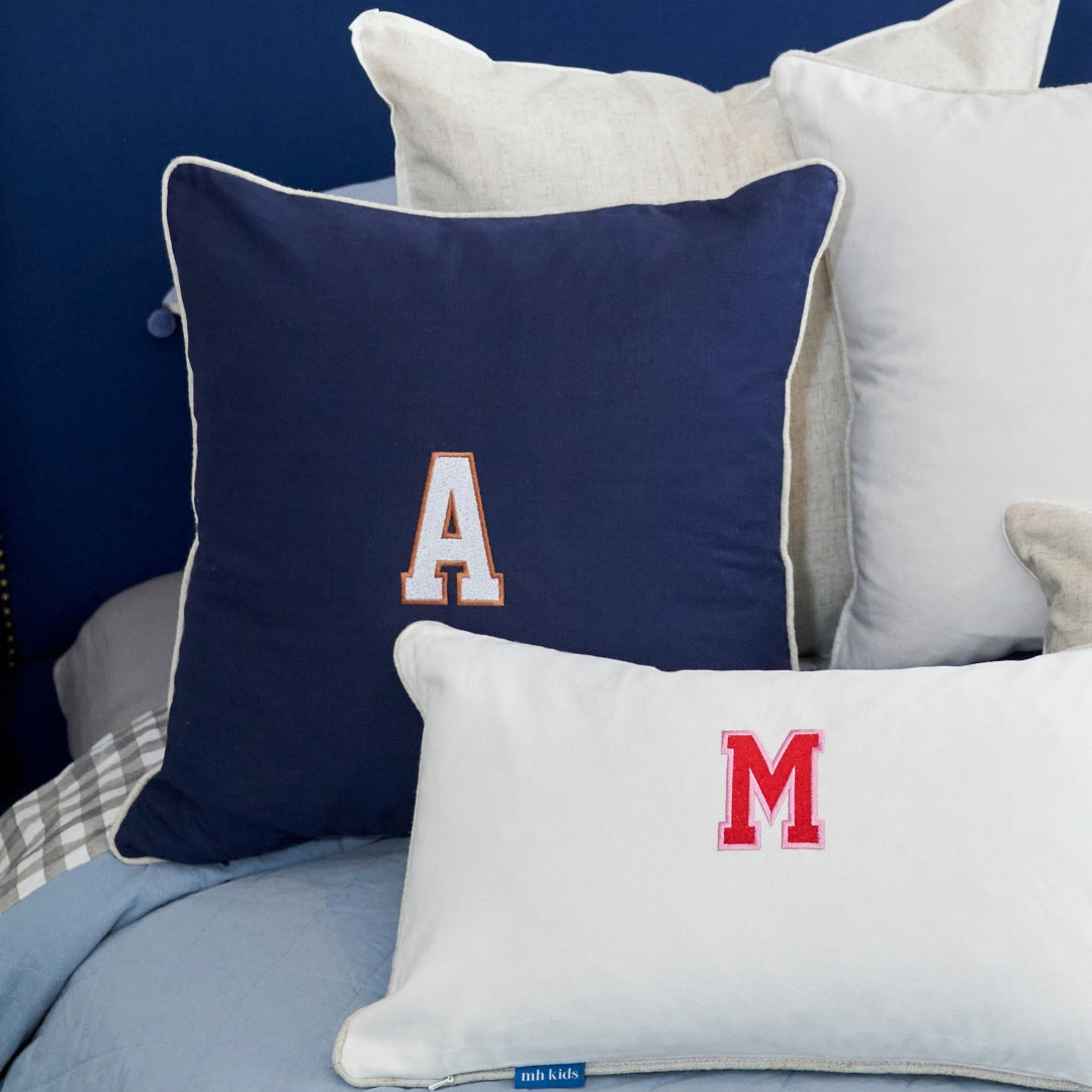 Dark Blue Varsity Initial Kids Cushion Cover | Mirage Haven 