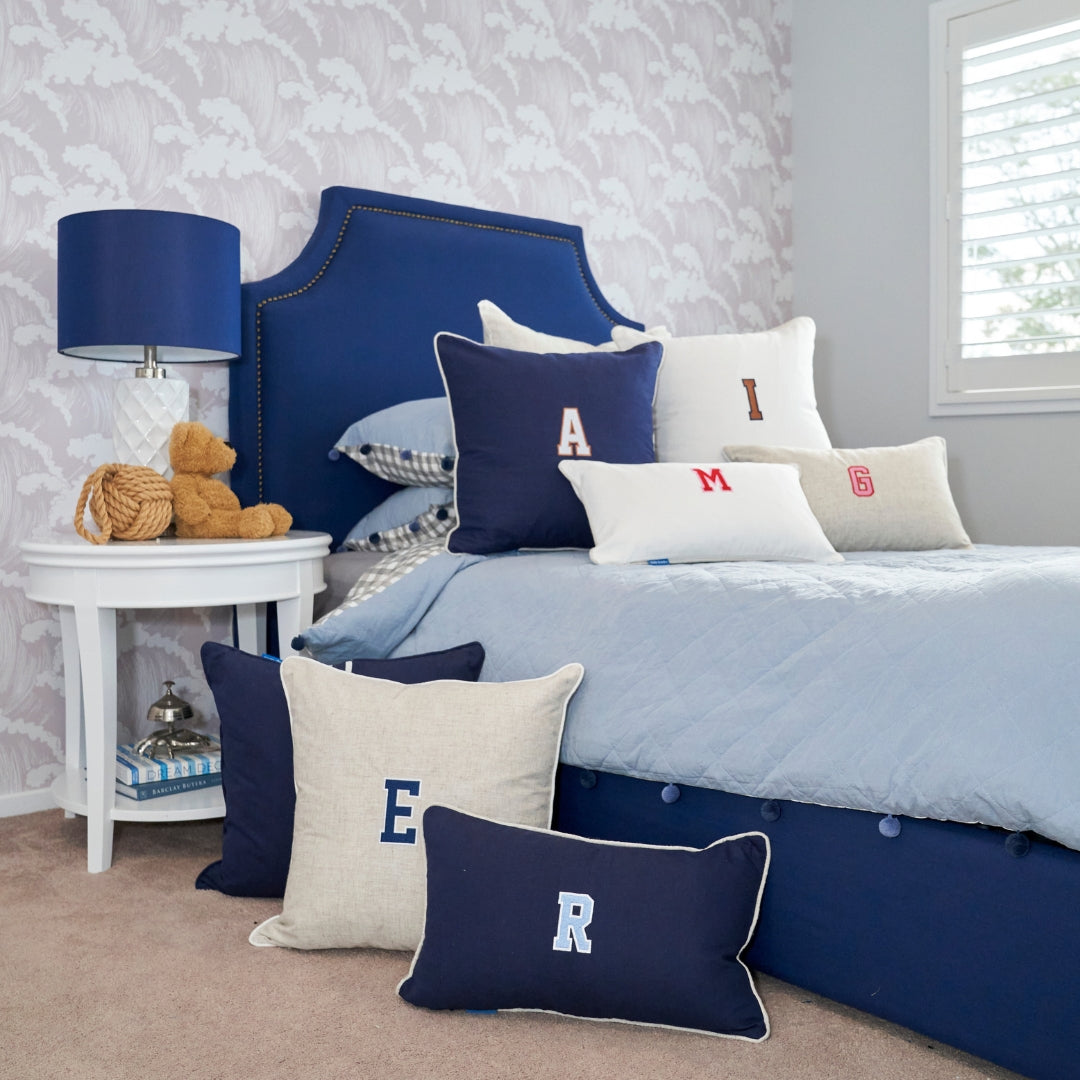 Dark Blue Varsity Initial Kids Cushion Cover | Mirage Haven 