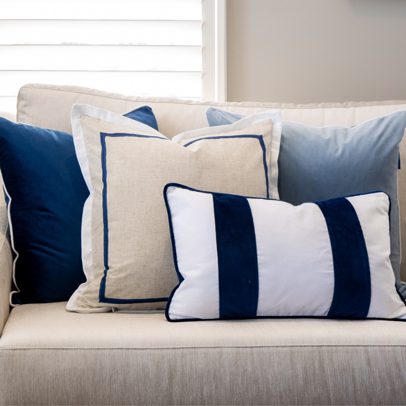 GRANGE Dark Blue Velvet White Piping Cushion Cover | Mirage Haven 