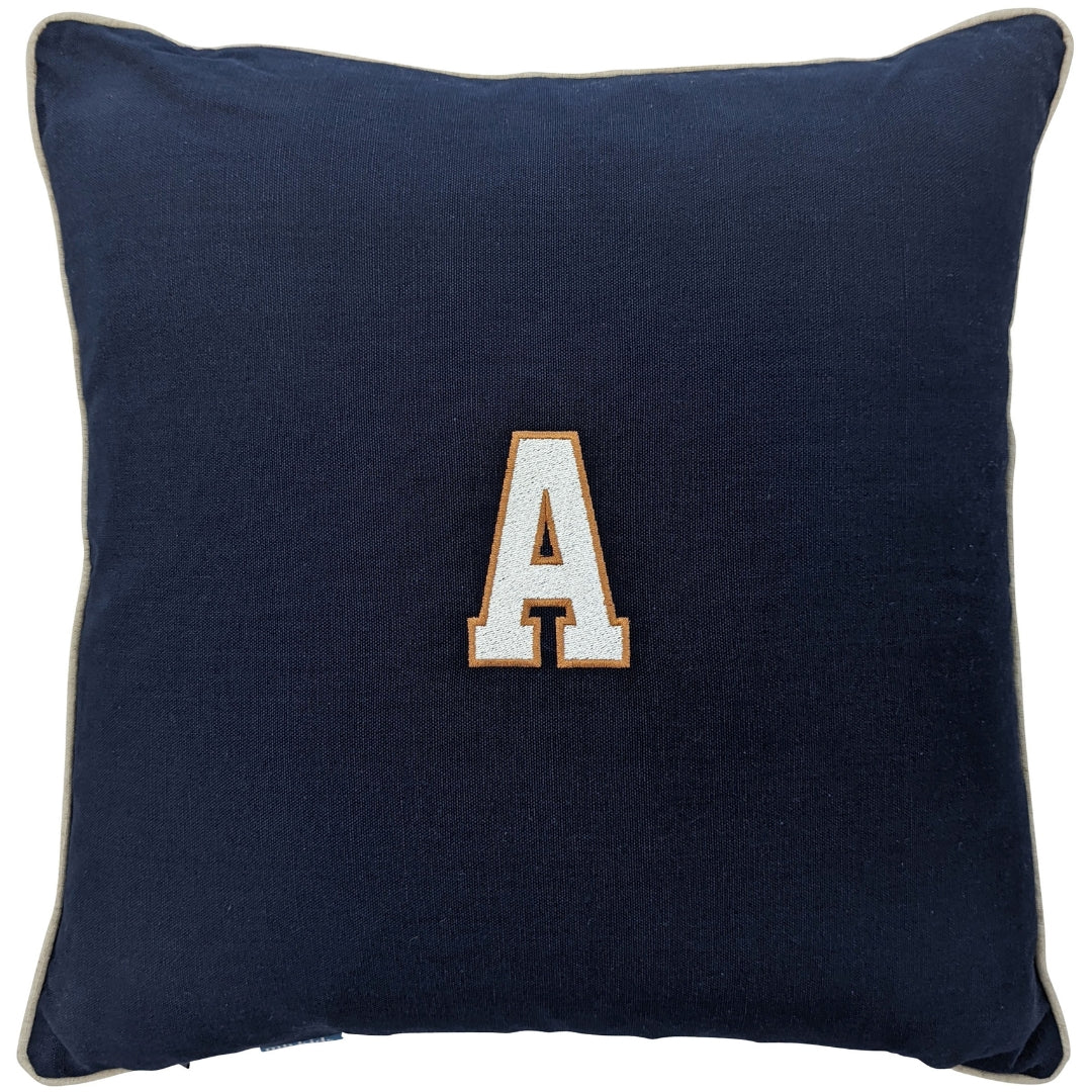 Dark Blue Varsity Initial Kids Cushion Cover | Mirage Haven 