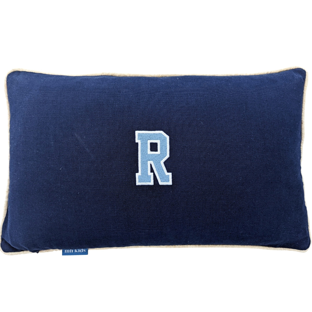 Dark Blue Varsity Initial Kids Cushion Cover | Mirage Haven 