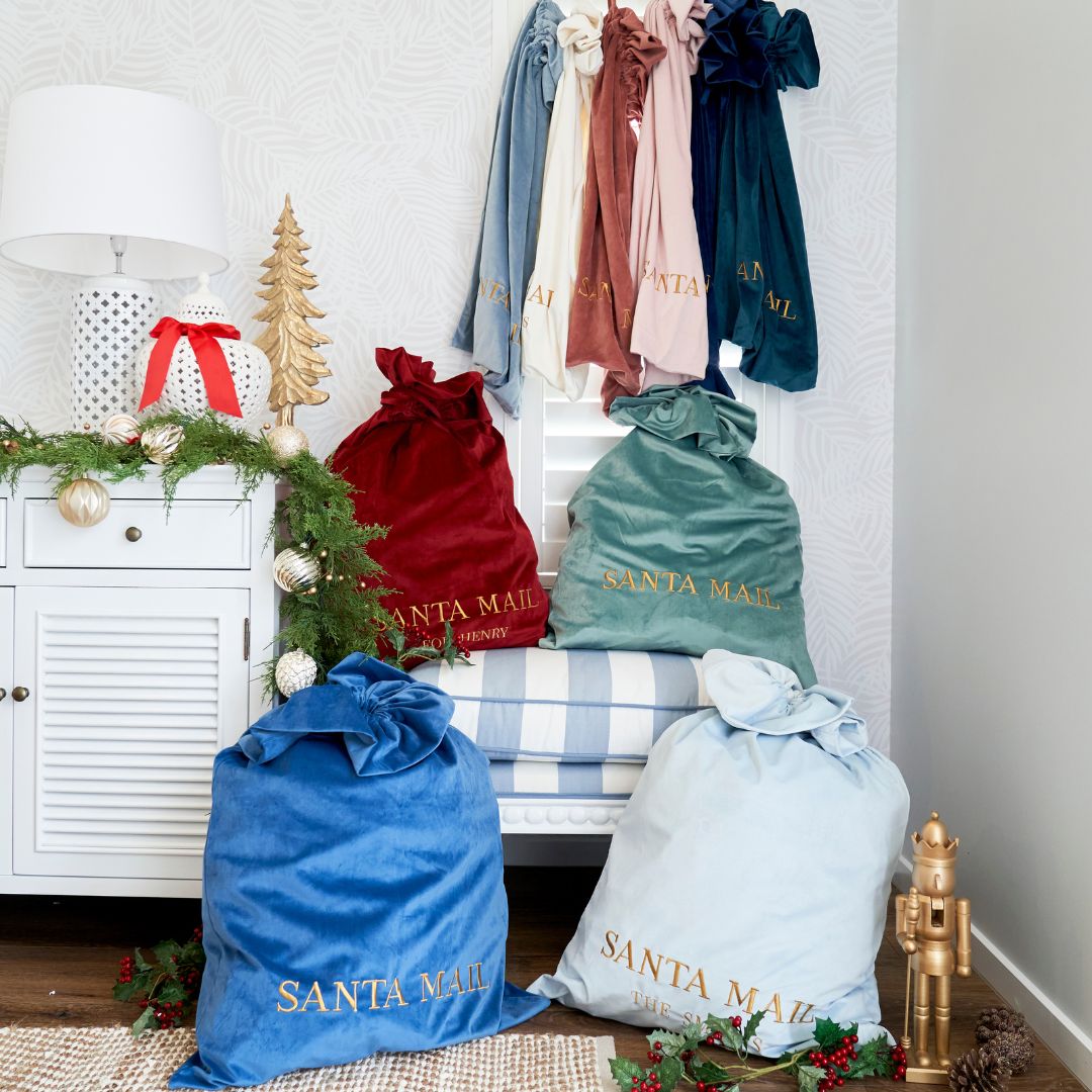 Luxury Personalised Velvet Santa Sack French Blue | Mirage Haven 