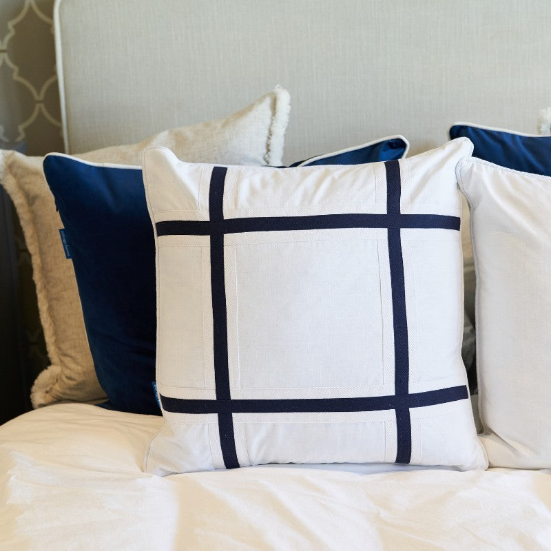 NORTH CAPE Dark Blue and White Criss Cross Cushion | Mirage Haven 