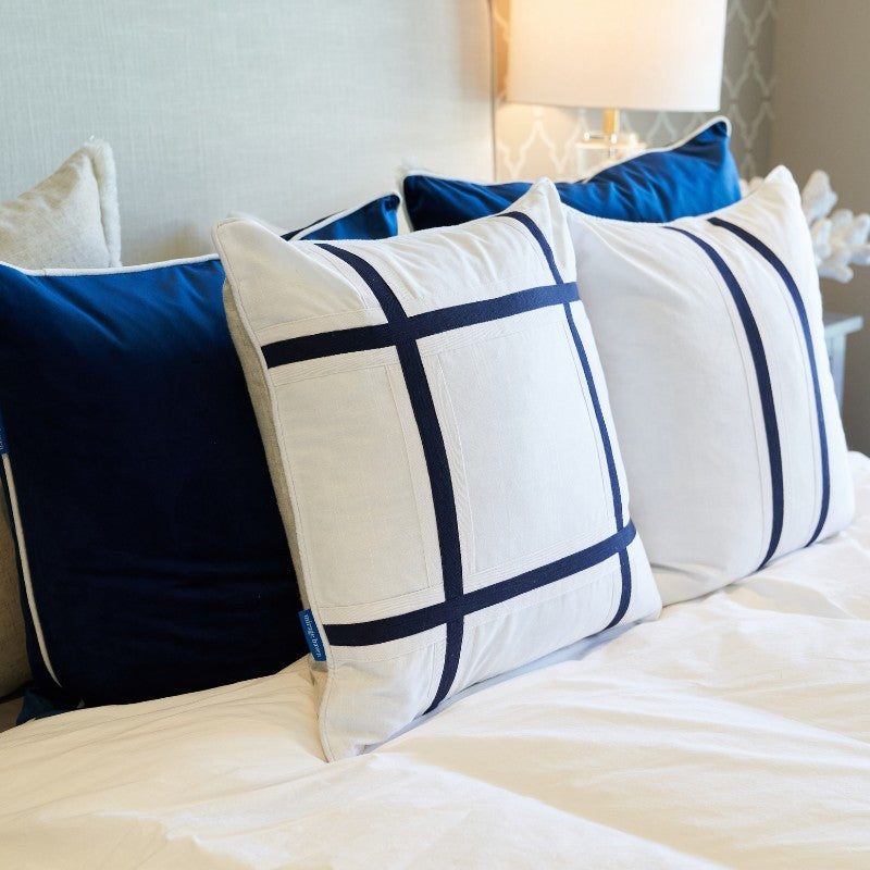 NORTH CAPE Dark Blue and White Criss Cross Cushion | Mirage Haven 