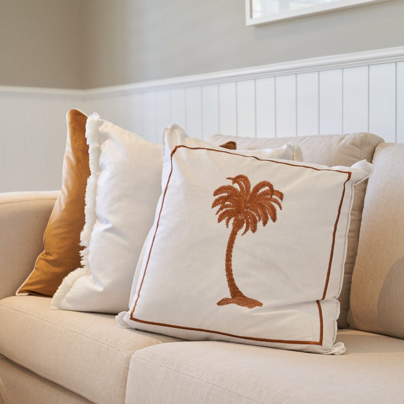 PALM COVE Palm Tree Brown and White Cushion Cover | Mirage Haven 