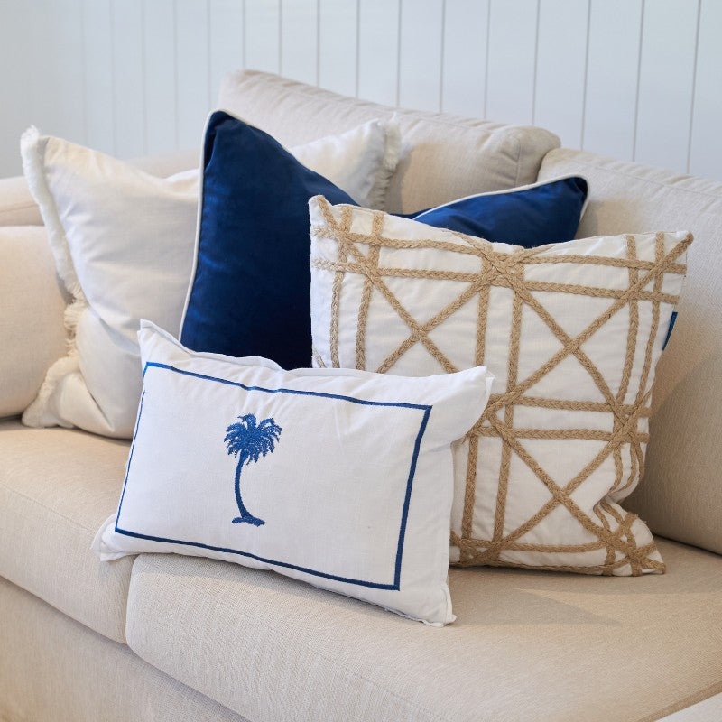PALM COVE Palm Tree Ocean Blue and White Cushion | Mirage Haven 