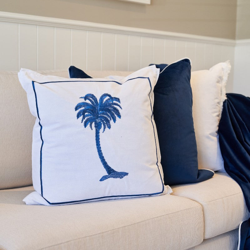 PALM COVE Palm Tree Ocean Blue and White Cushion | Mirage Haven 