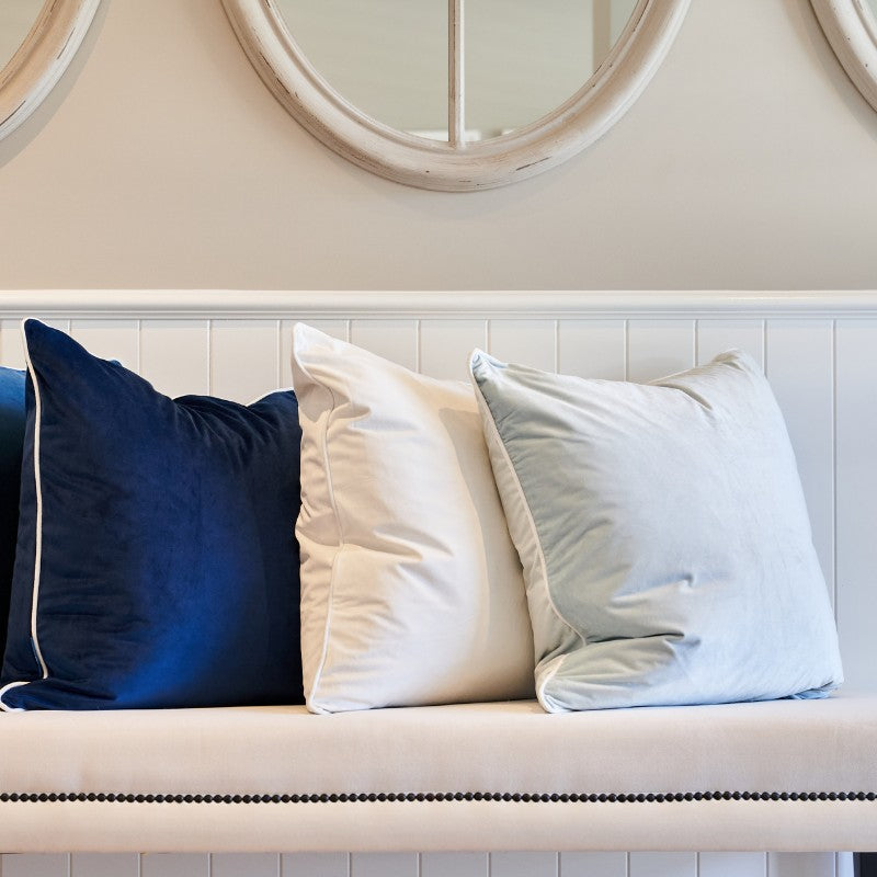 SARINA Sky Blue Premium Velvet White Piping Cushion Cover | Mirage Haven 