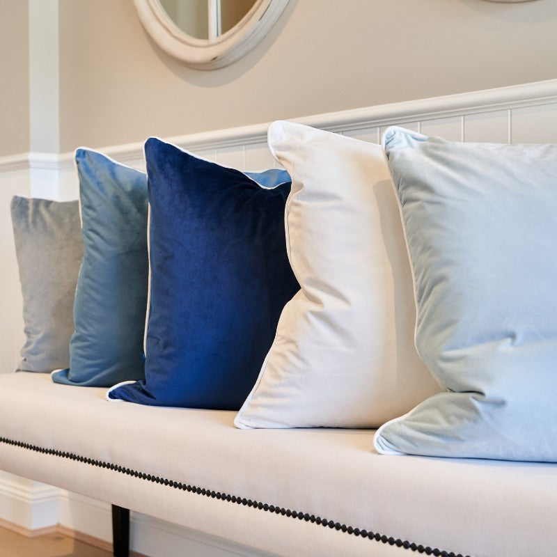 SARINA Sky Blue Premium Velvet White Piping Cushion Cover | Mirage Haven 